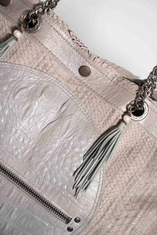 Handmade textured grey leather shopping bag with chain and leather straps.