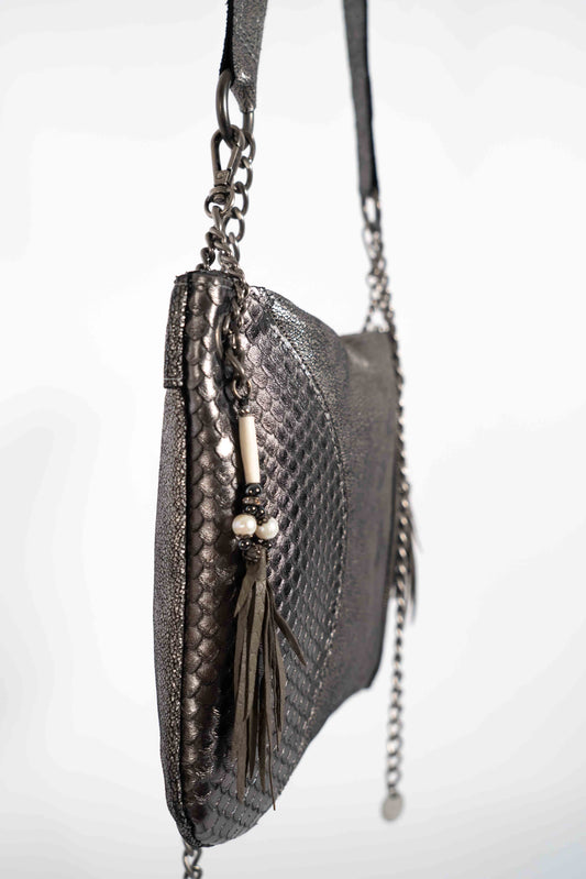 Silver and grey metallic handmade leather crossbody bag
