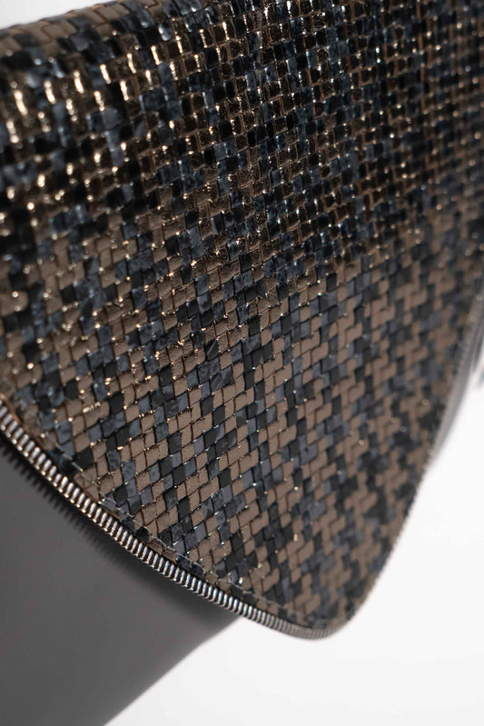 Grey handmade leather V handbag with woven leather crosshatch detail