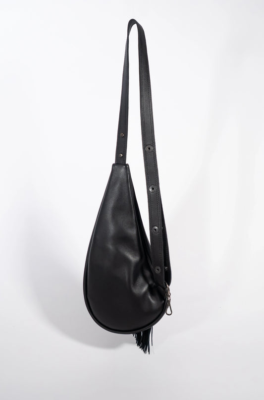 Handmade black leather sling bag with fringes - left or right side options