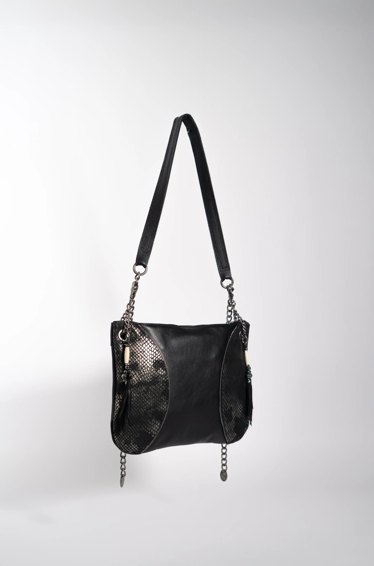 Black leather Moon handbag wtih black and silver metallic leather detail