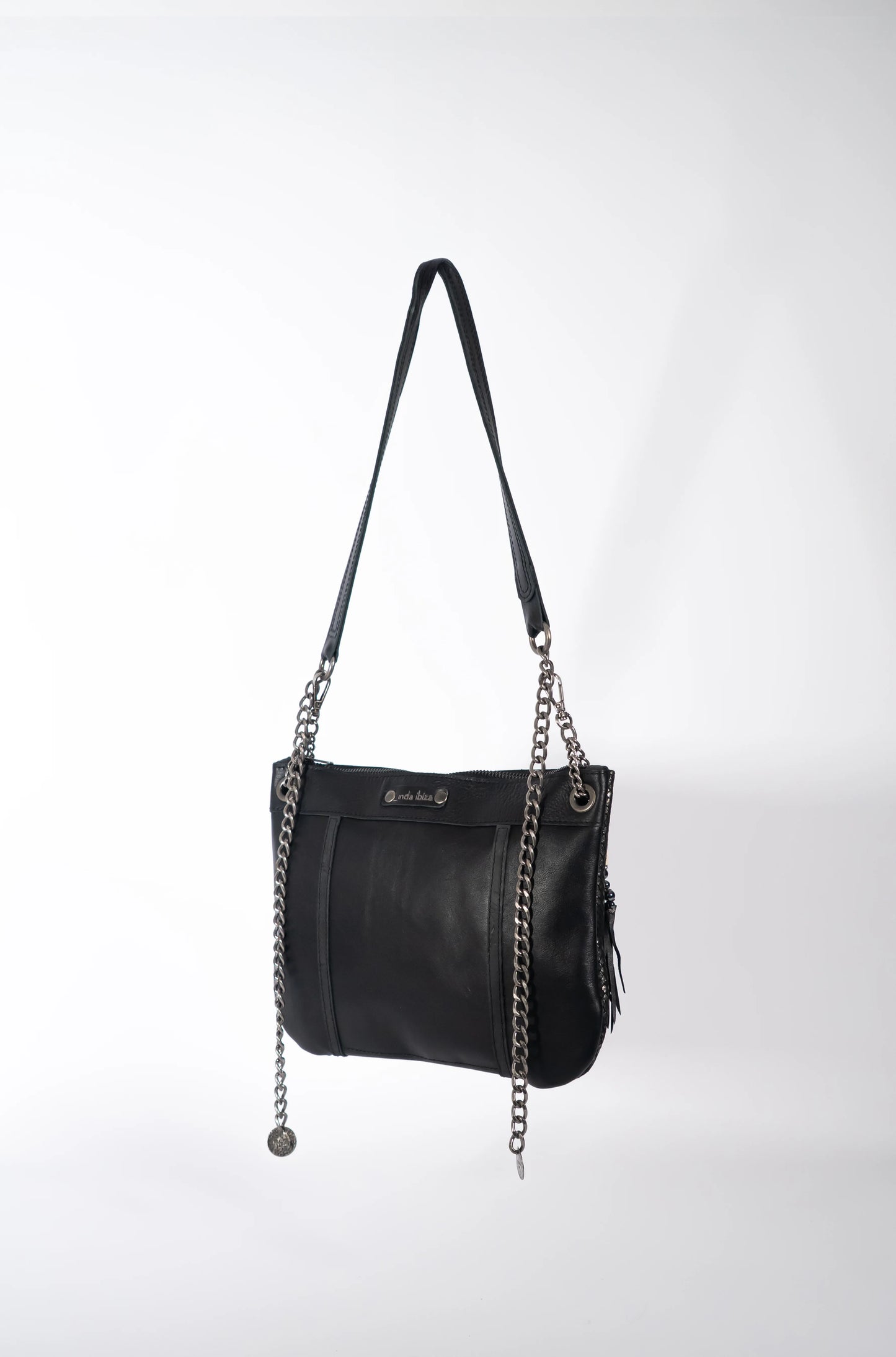 Black leather Moon handbag wtih black and silver metallic leather detail