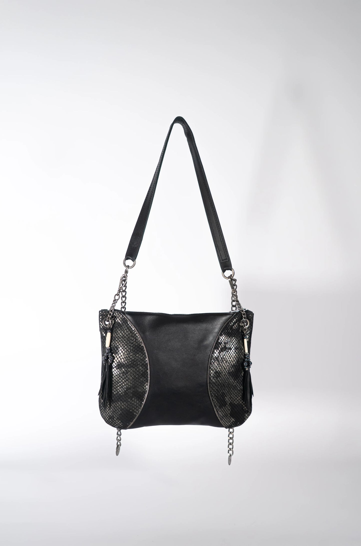 Black leather Moon handbag wtih black and silver metallic leather detail
