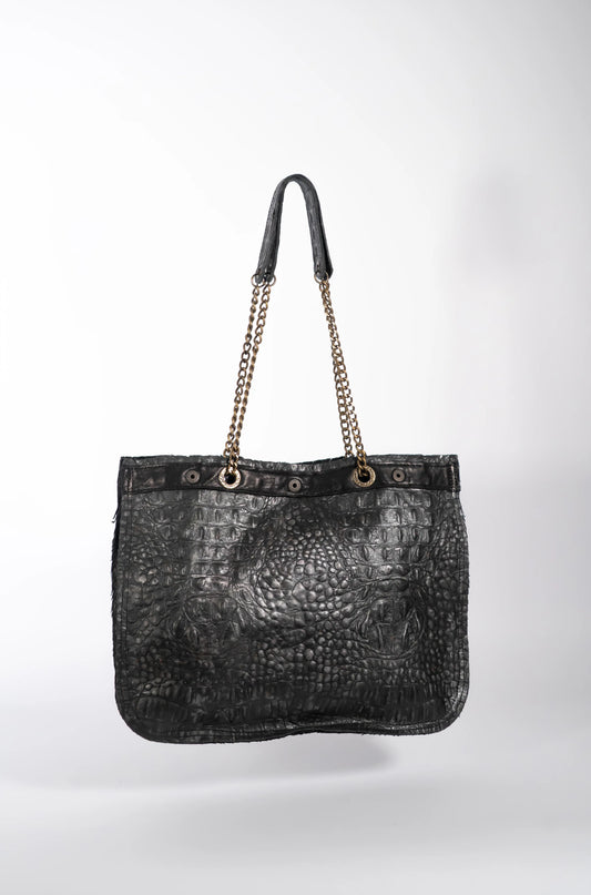 Handmade textured black leather shopping bag with chain and leather straps.