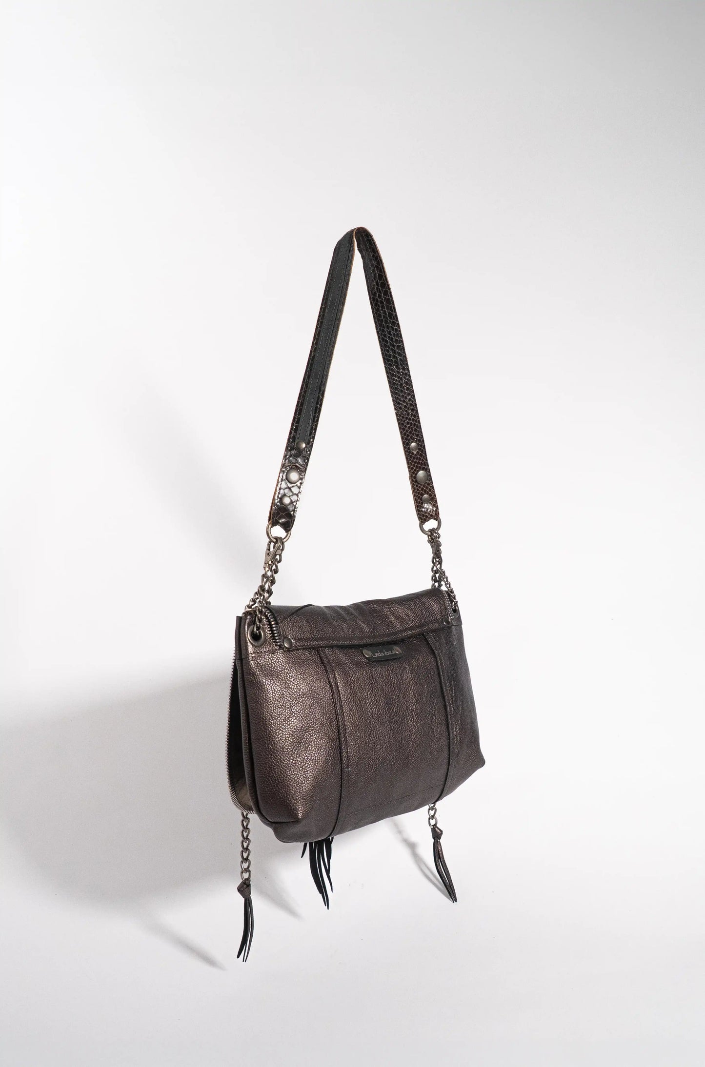 Handmade silver and grey metallic leather squid handbag