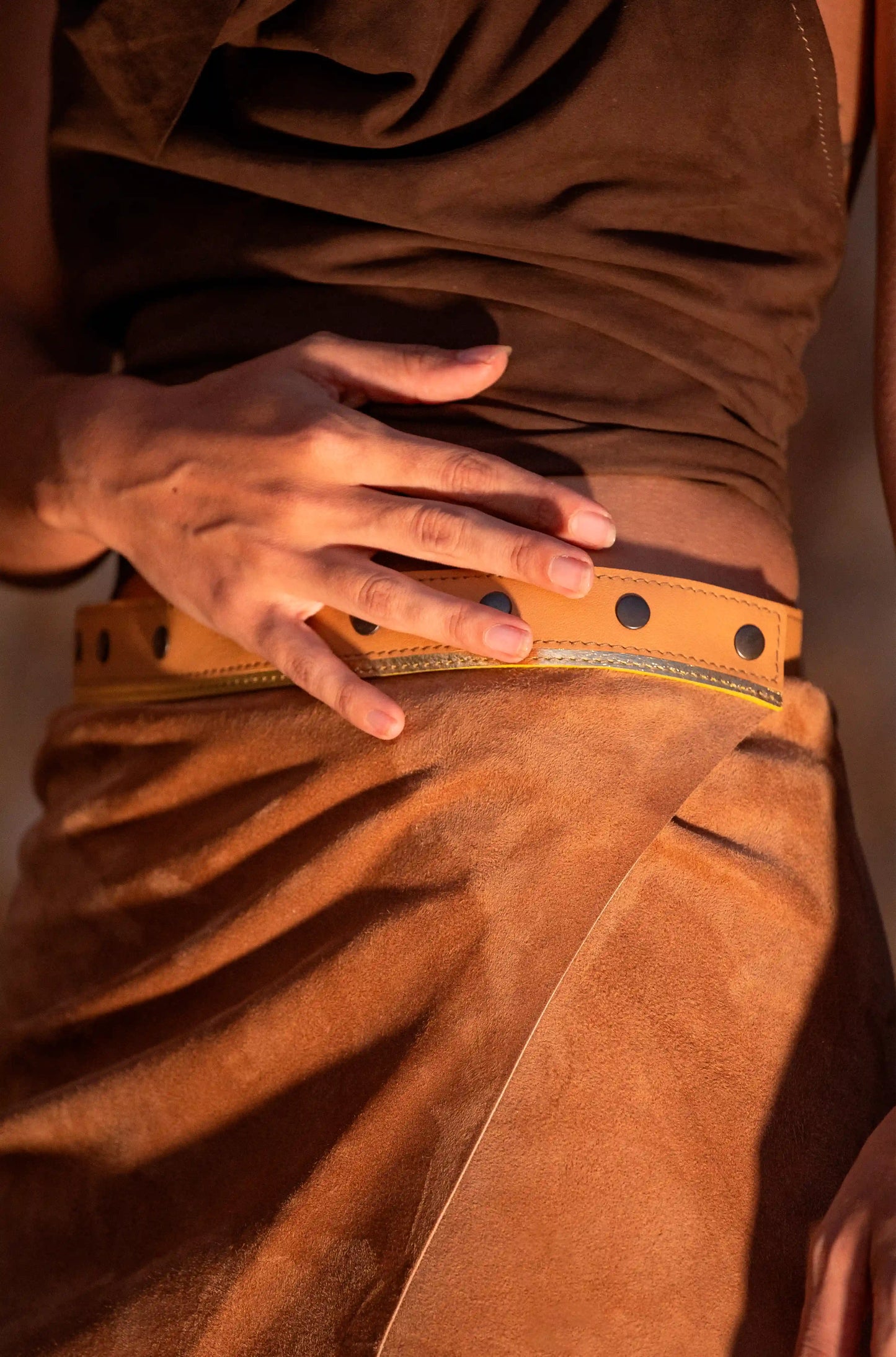 Close-up of the high-quality camel suede leather texture, handcrafted by Linda Ibiza.