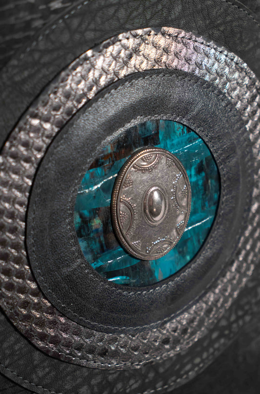 Handmade leather black medallion shopper bag with leather straps