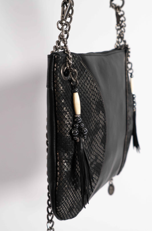 Black leather Moon handbag wtih black and silver metallic leather detail