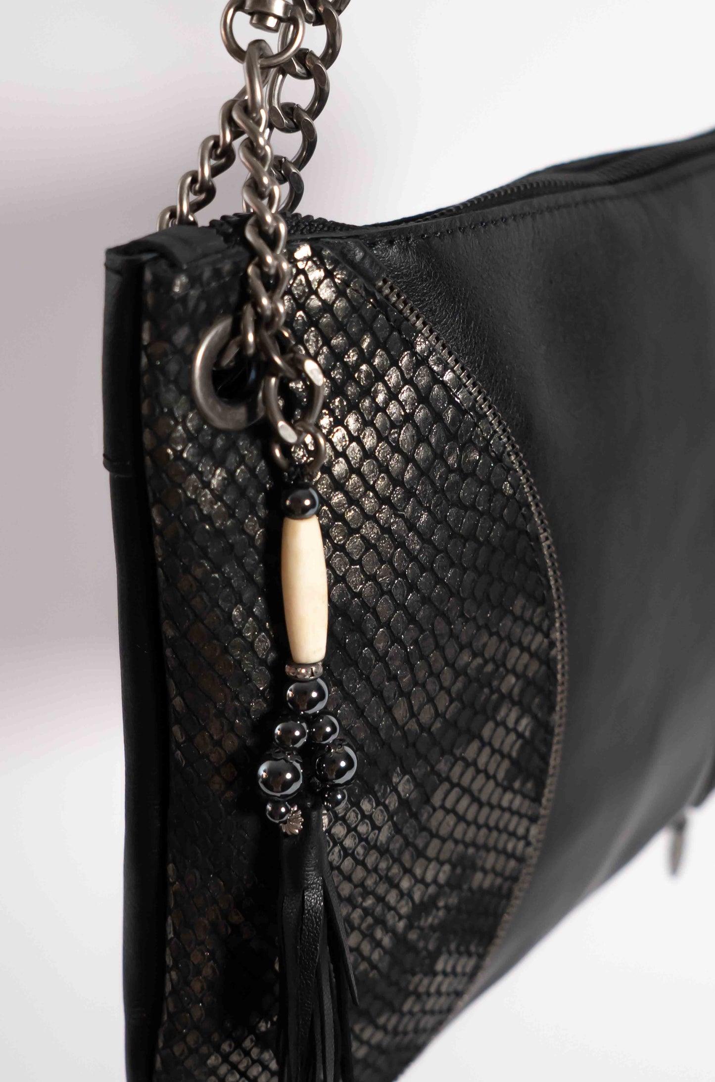 Black leather Moon handbag wtih black and silver metallic leather detail