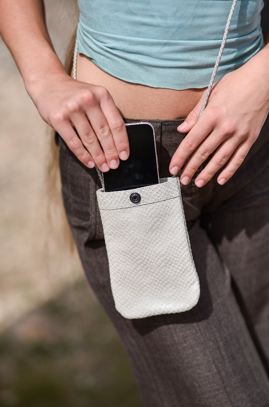 Metallic cream leather mobile bag with zip pocket on the back, Linda Ibiza