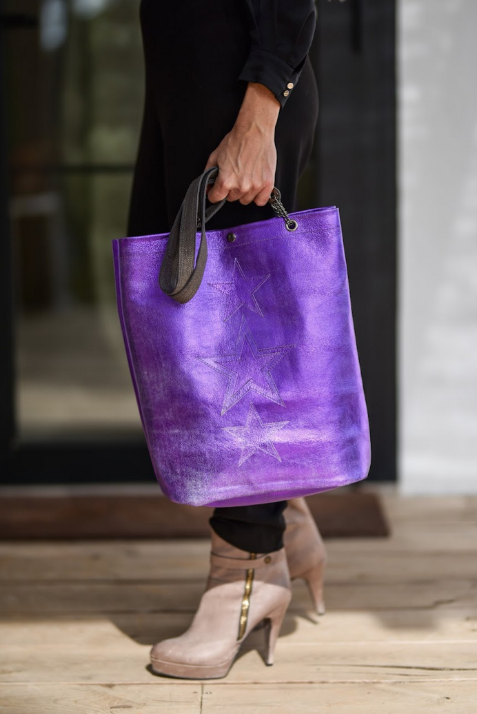 Large metallic purple handmade leather tote bag with star design and front pocket