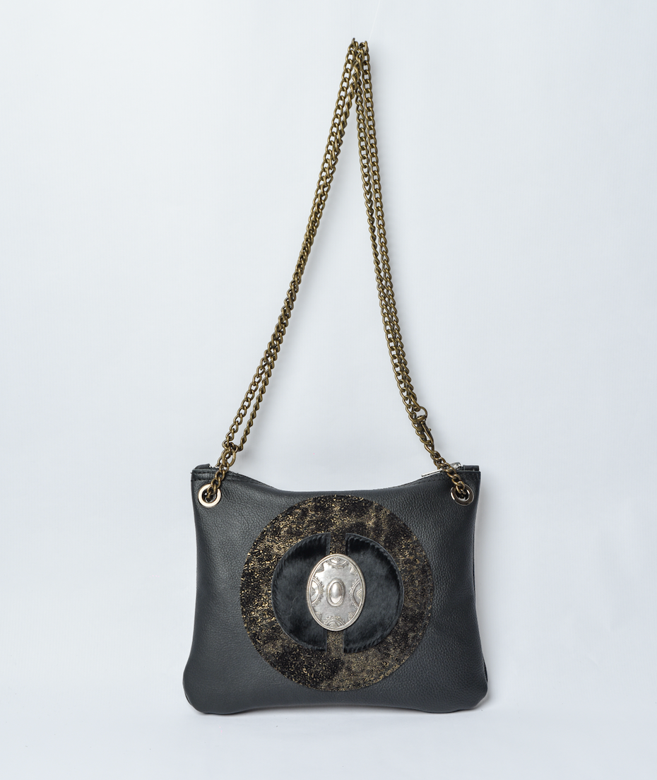 Black Little Chic Hand Bag with Gold and Silver Coloured Circle Design