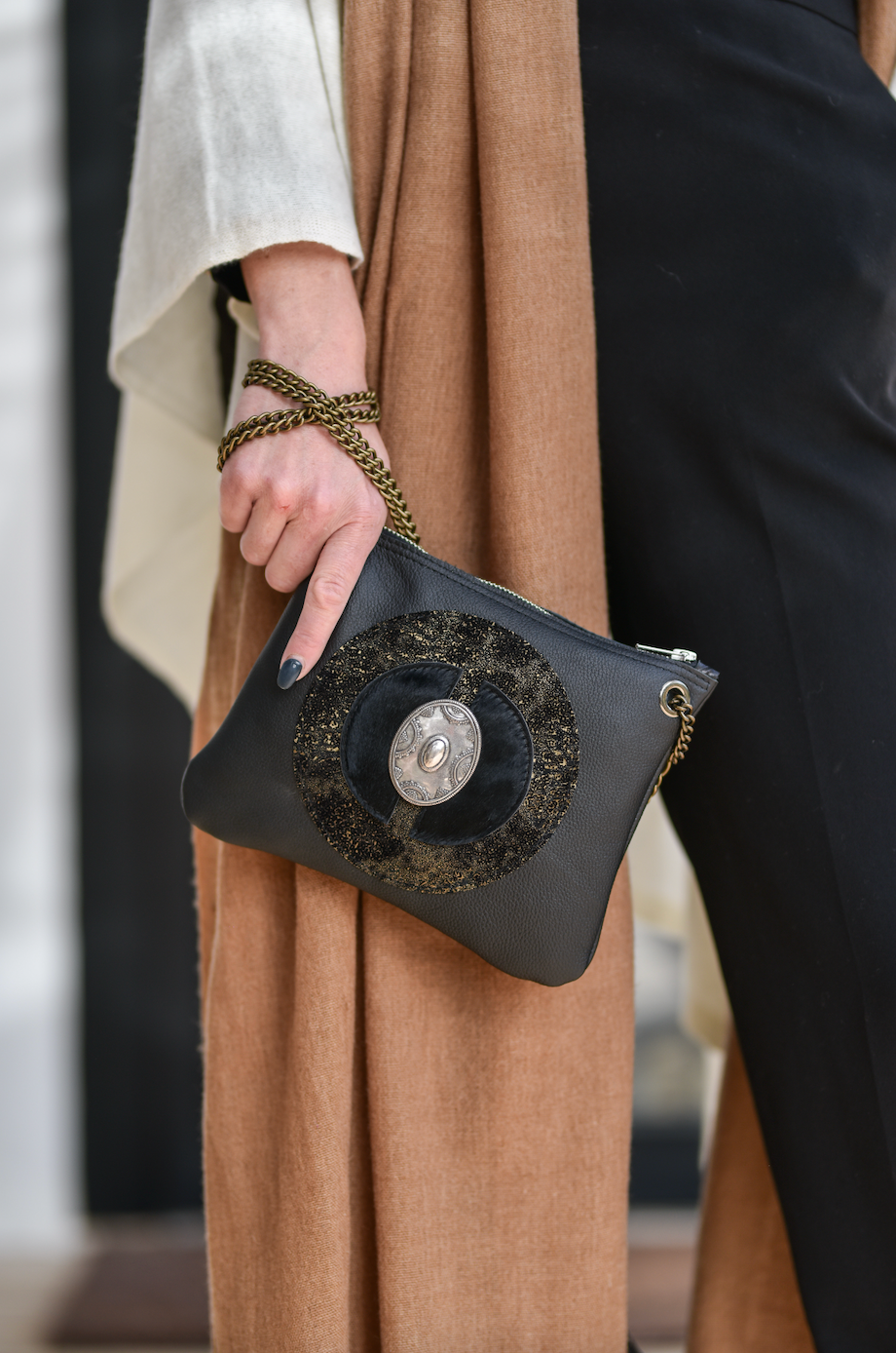 Black Little Chic Hand Bag with Gold and Silver Coloured Circle Design