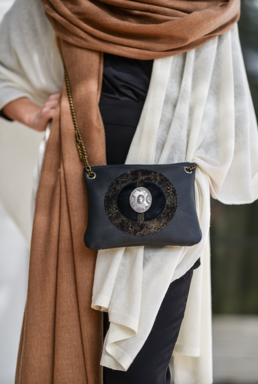 Black Little Chic Hand Bag with Gold and Silver Coloured Circle Design