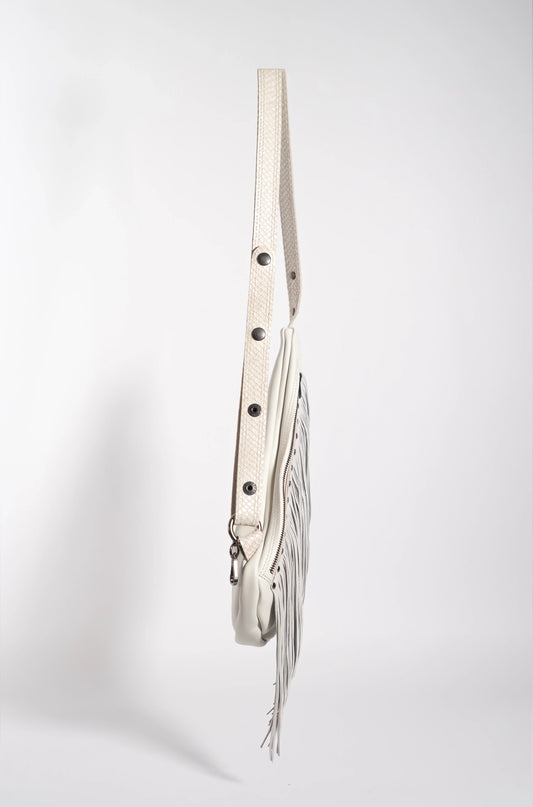 Handmade white leather sling bag with fringes