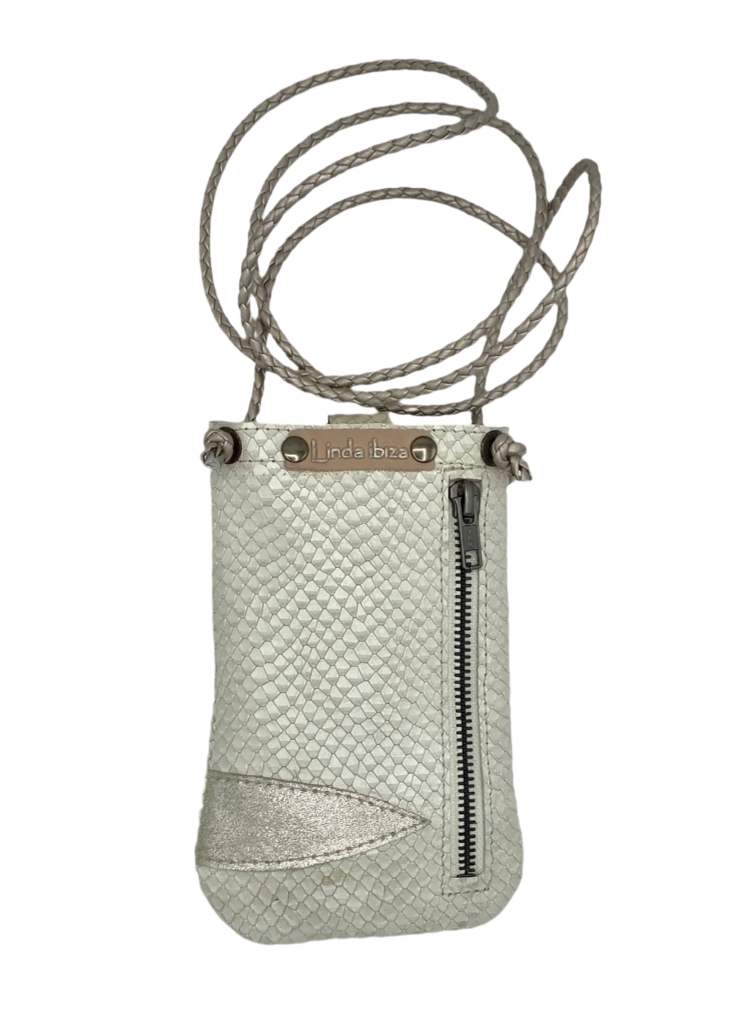 Handmade leather cream metallic mobile phone bag Linda Ibiza Design