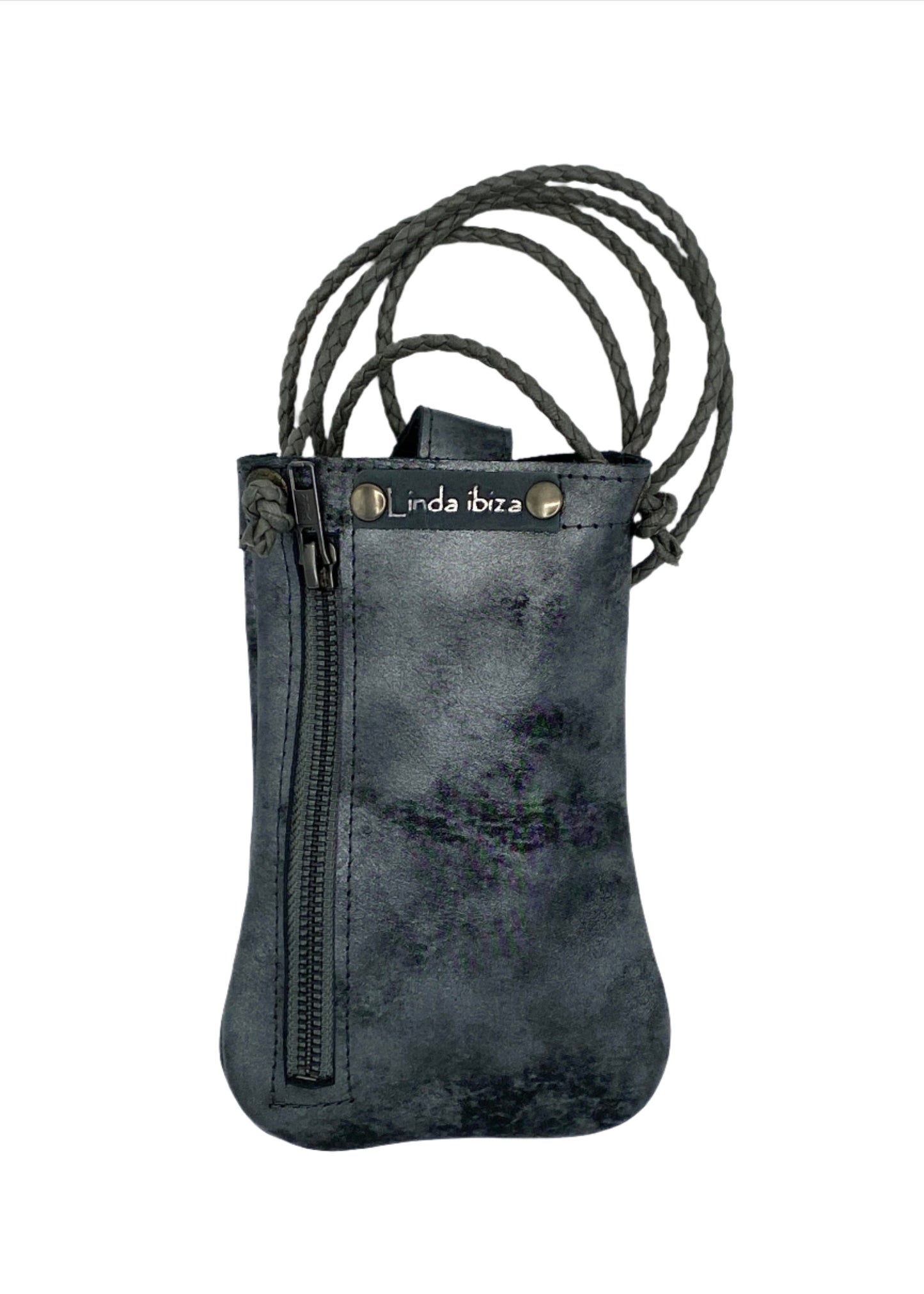 Handmade grey metallic leather mobile bag with zip pocket on the back Linda Ibiza