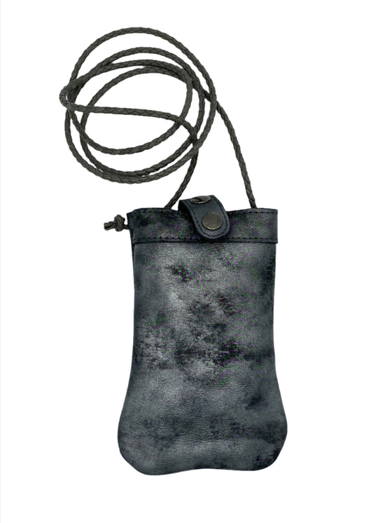 Handmade grey metallic leather mobile bag with zip pocket on the back Linda Ibiza
