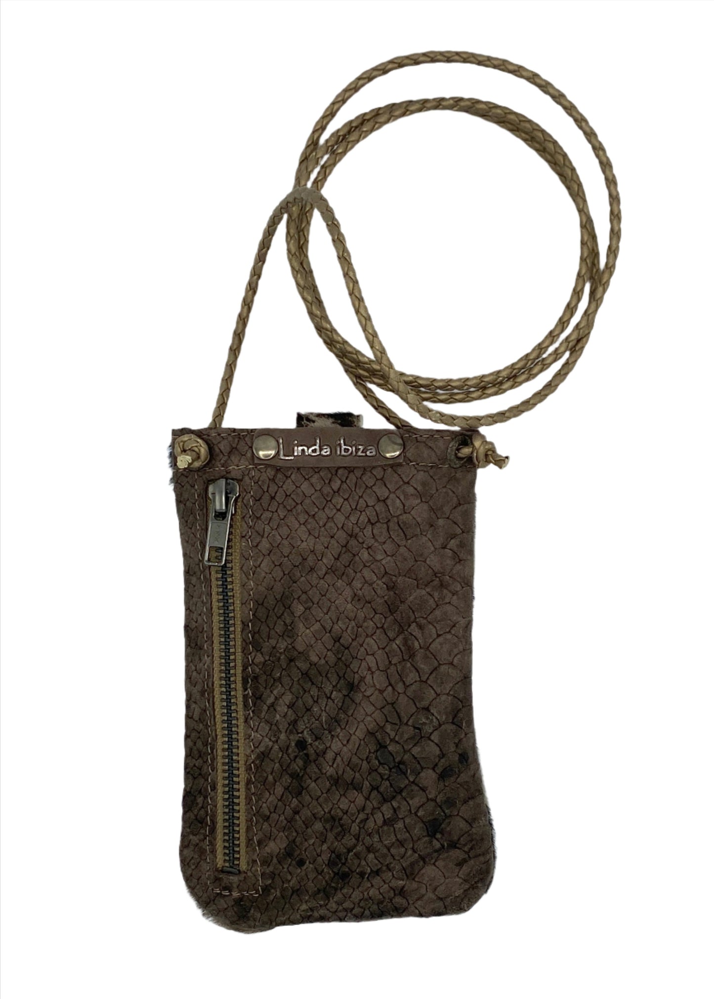 Handmade taupe and brown mobile bag with zip pocket on the back Linda Ibiza Design