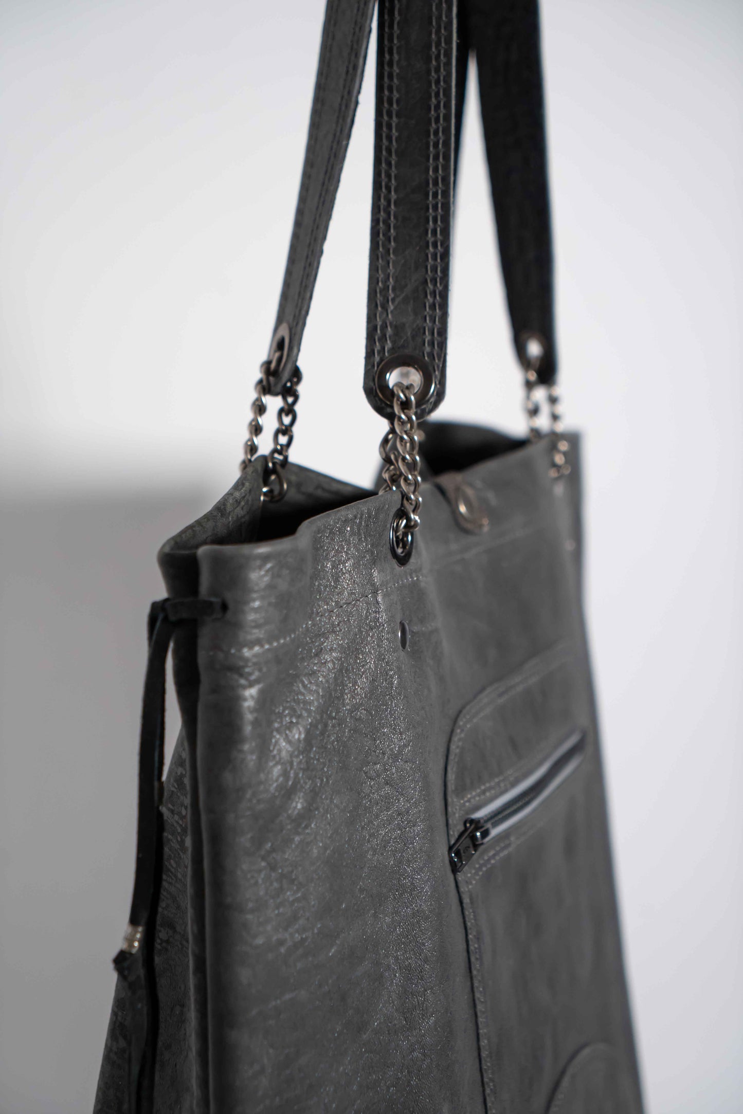 Handmade leather black medallion shopper bag with leather straps