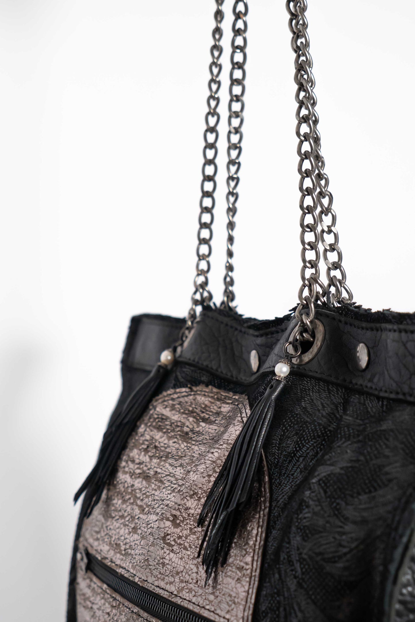 Handmade leather black and gold shopping bag with chain and leather straps