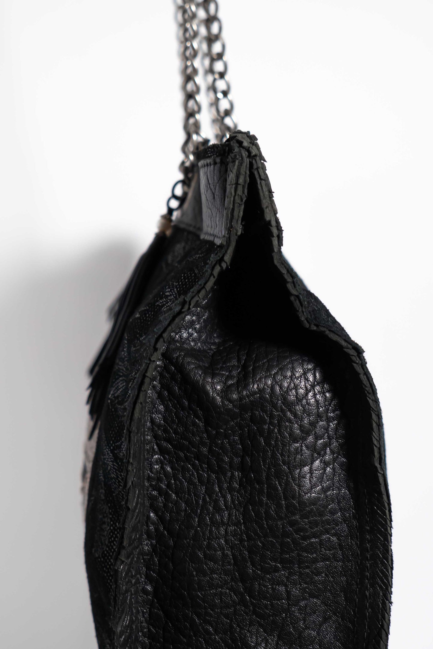 Handmade leather black and gold shopping bag with chain and leather straps