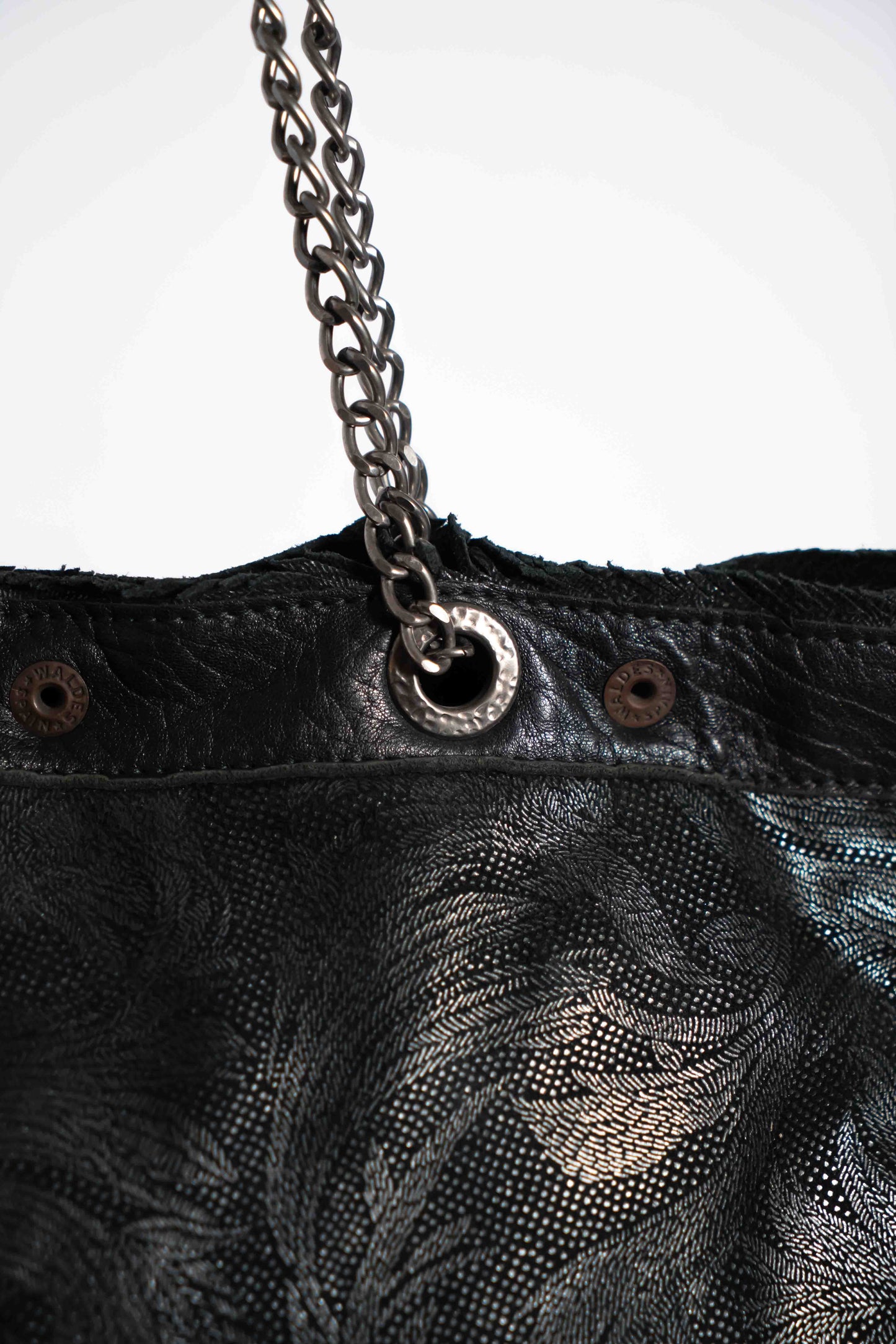 Handmade leather black and gold shopping bag with chain and leather straps