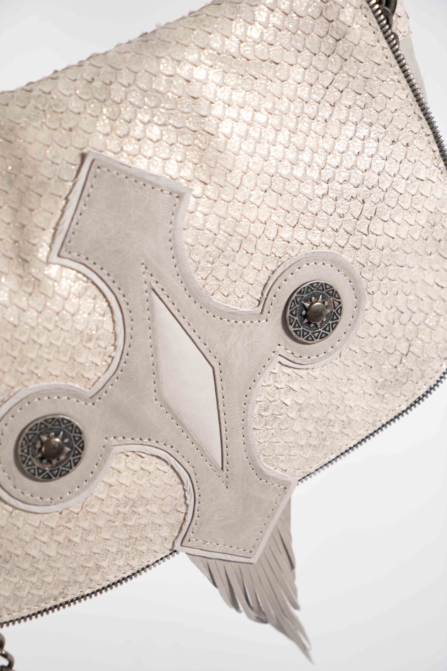 Handmade Metallic Cream and Grey Leather Squid Handbag