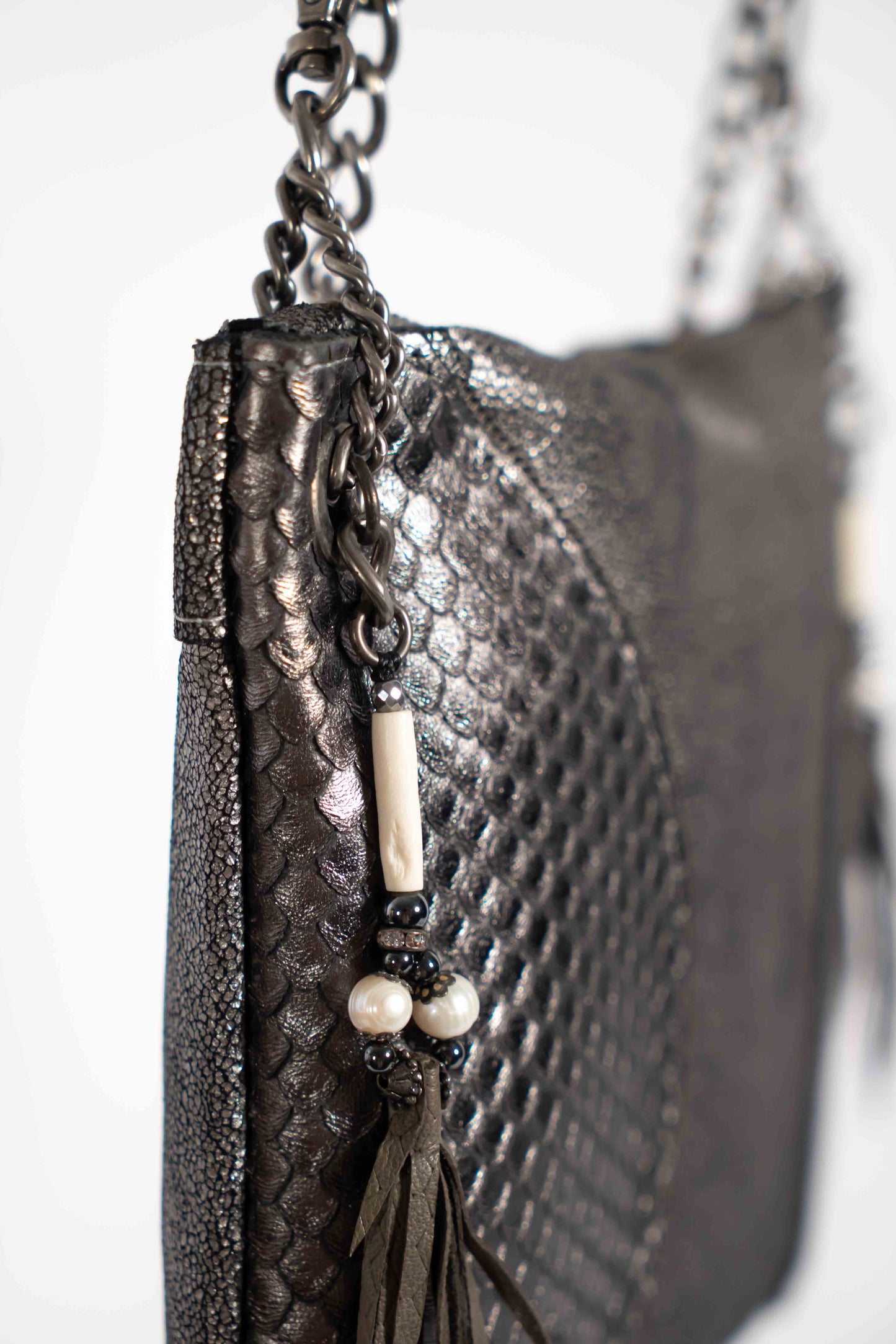Silver and grey metallic handmade leather crossbody bag