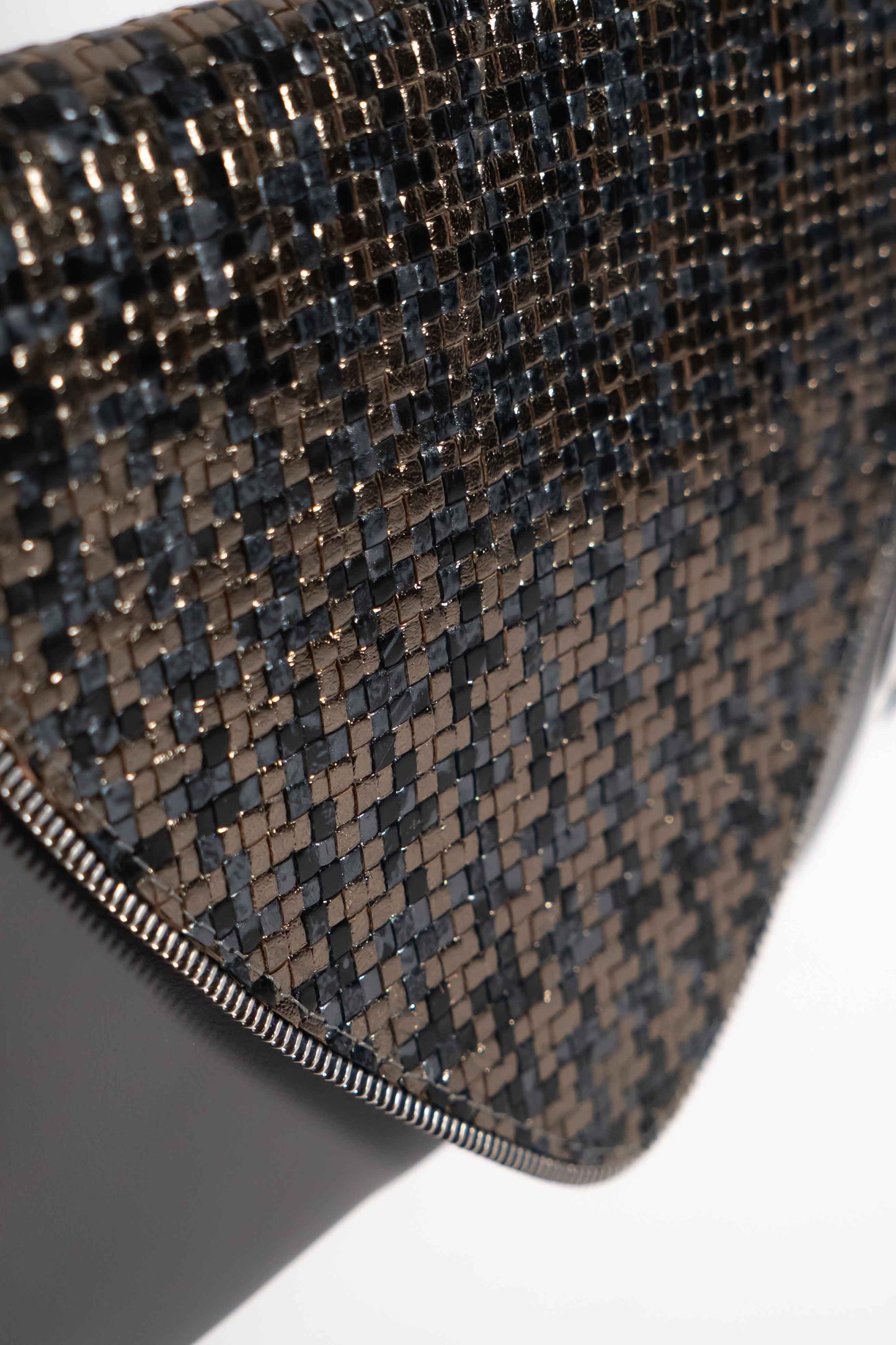 Grey handmade leather V handbag with woven leather crosshatch detail