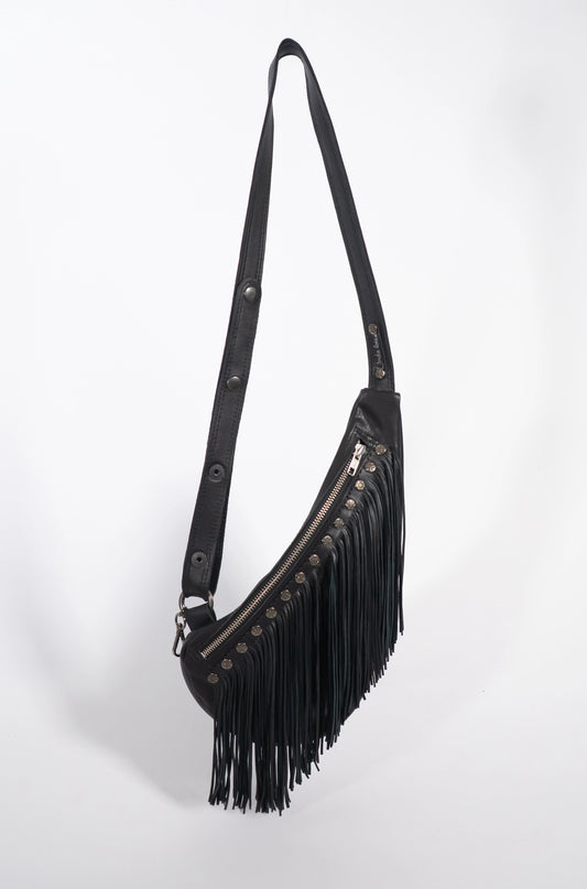 Handmade black leather sling bag with fringes - left or right side options
