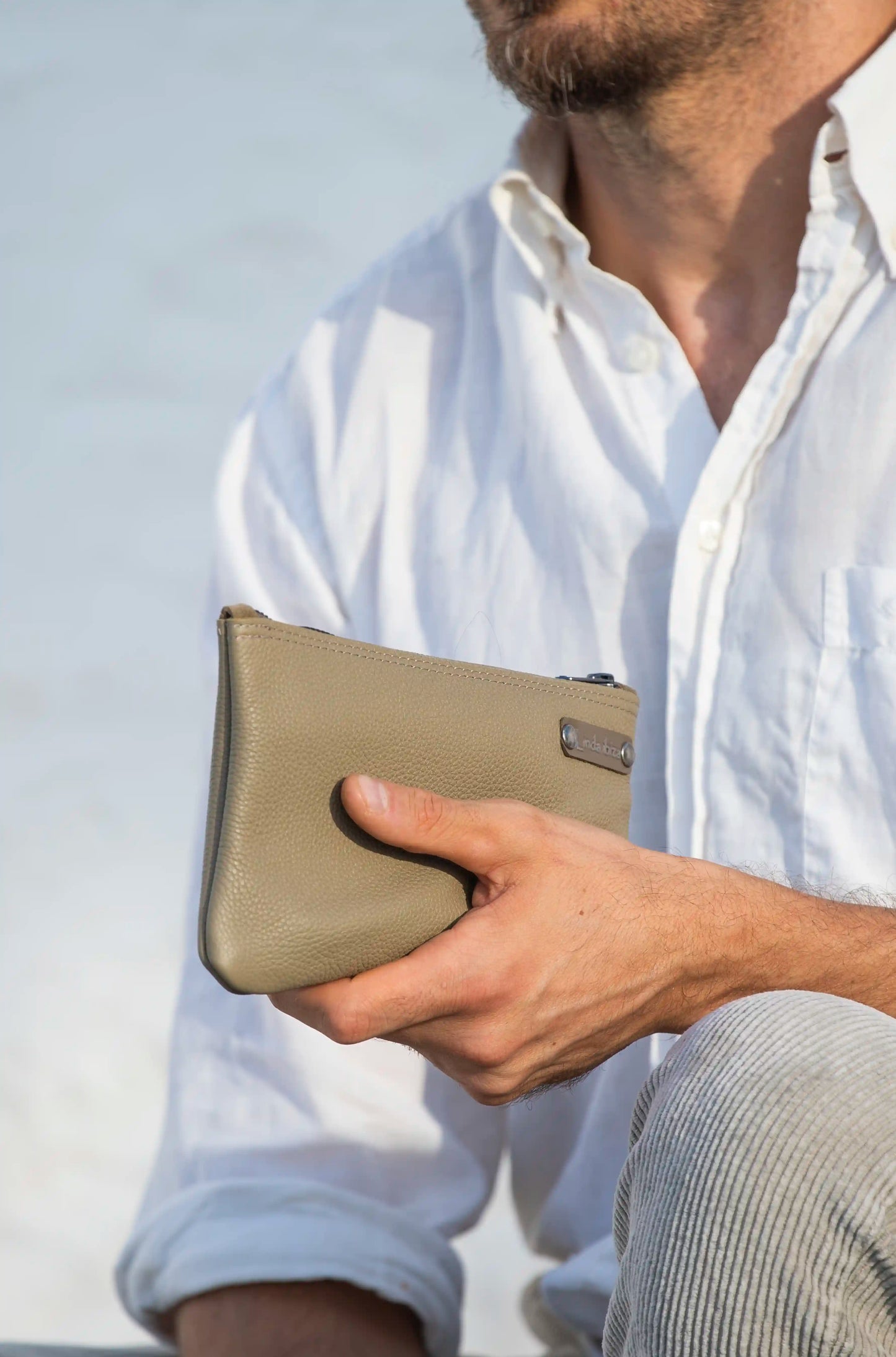 Beige Leather Bag with Inner Pouch for men