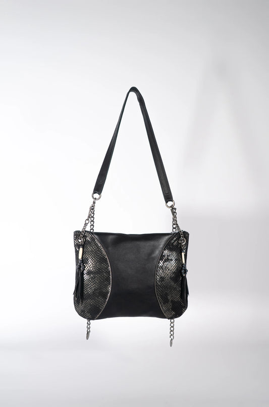 Black leather Moon handbag wtih black and silver metallic leather detail