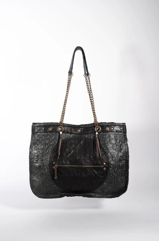 Handmade textured black leather shopping bag with chain and leather straps.