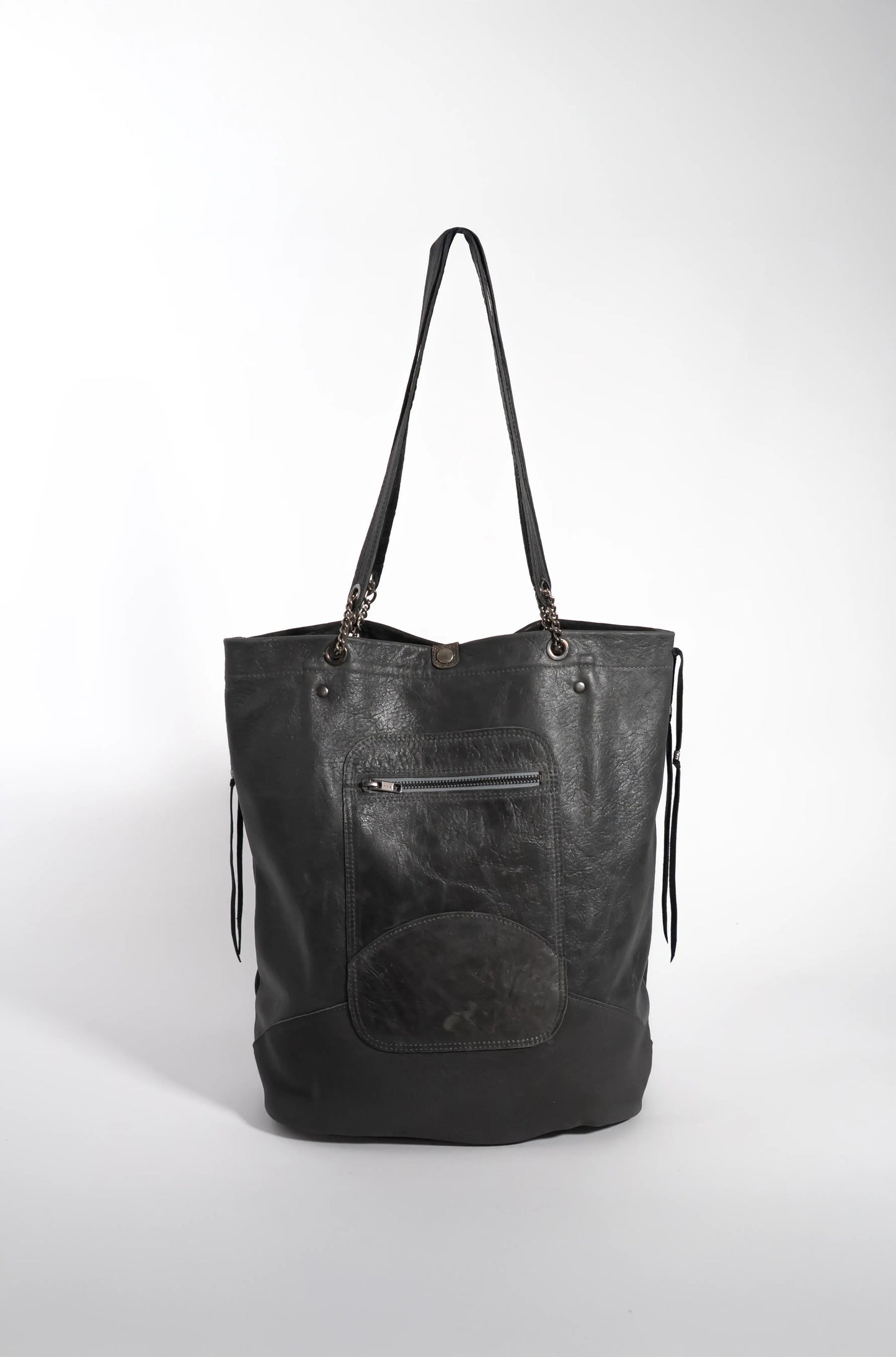 Handmade leather black medallion shopper bag with leather straps