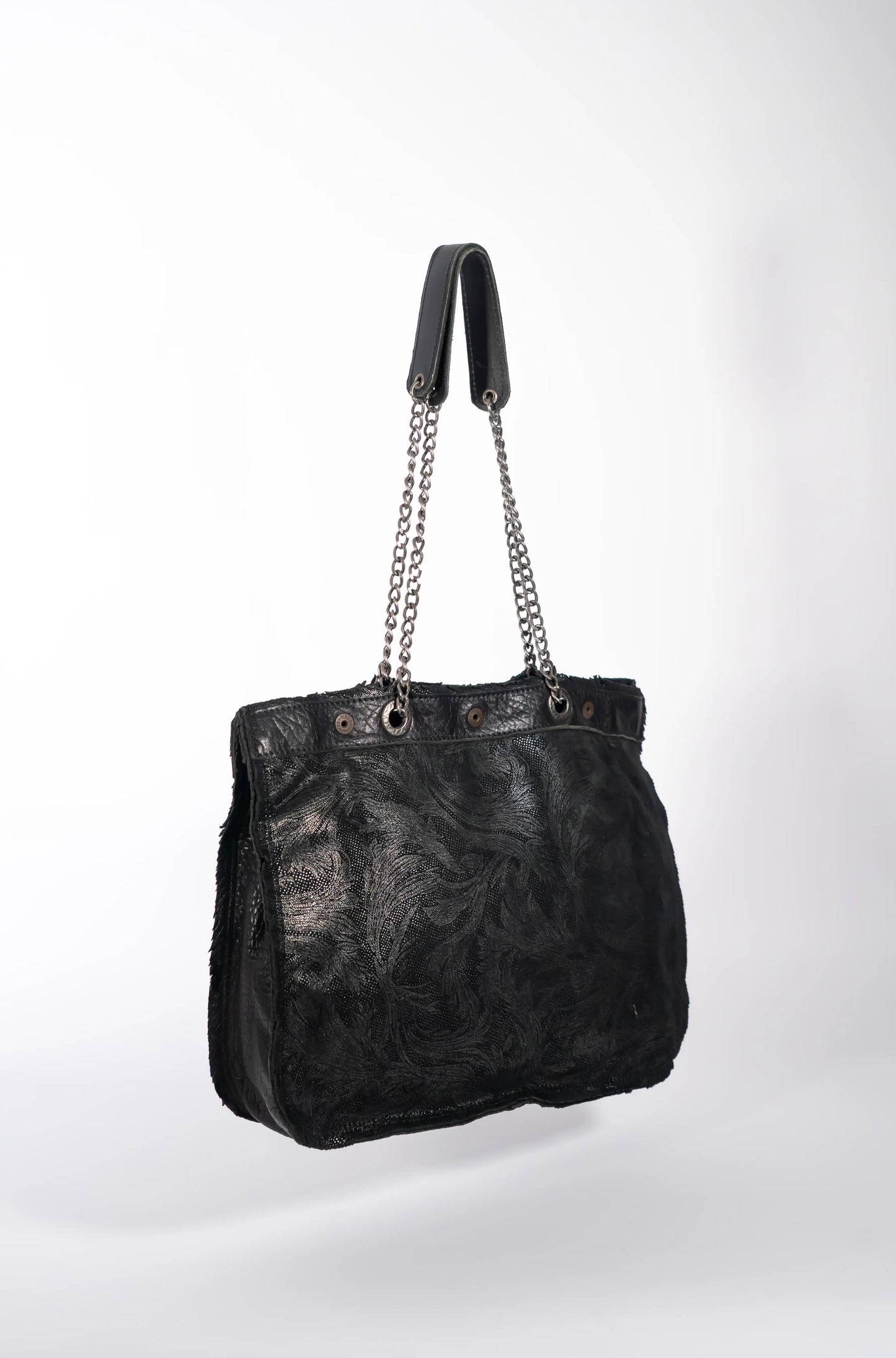 Handmade leather black and gold shopping bag with chain and leather straps