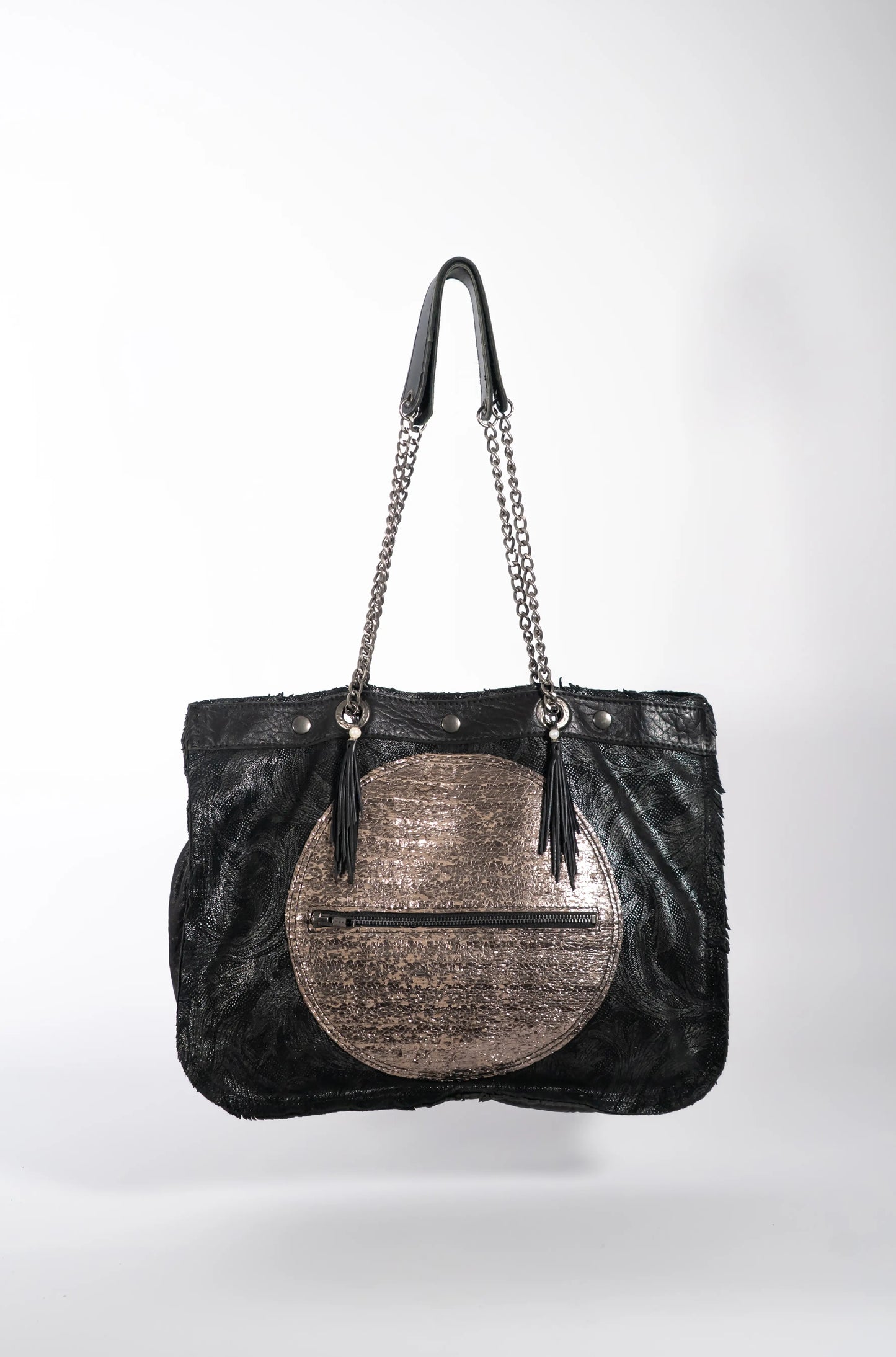Handmade leather black and gold shopping bag with chain and leather straps