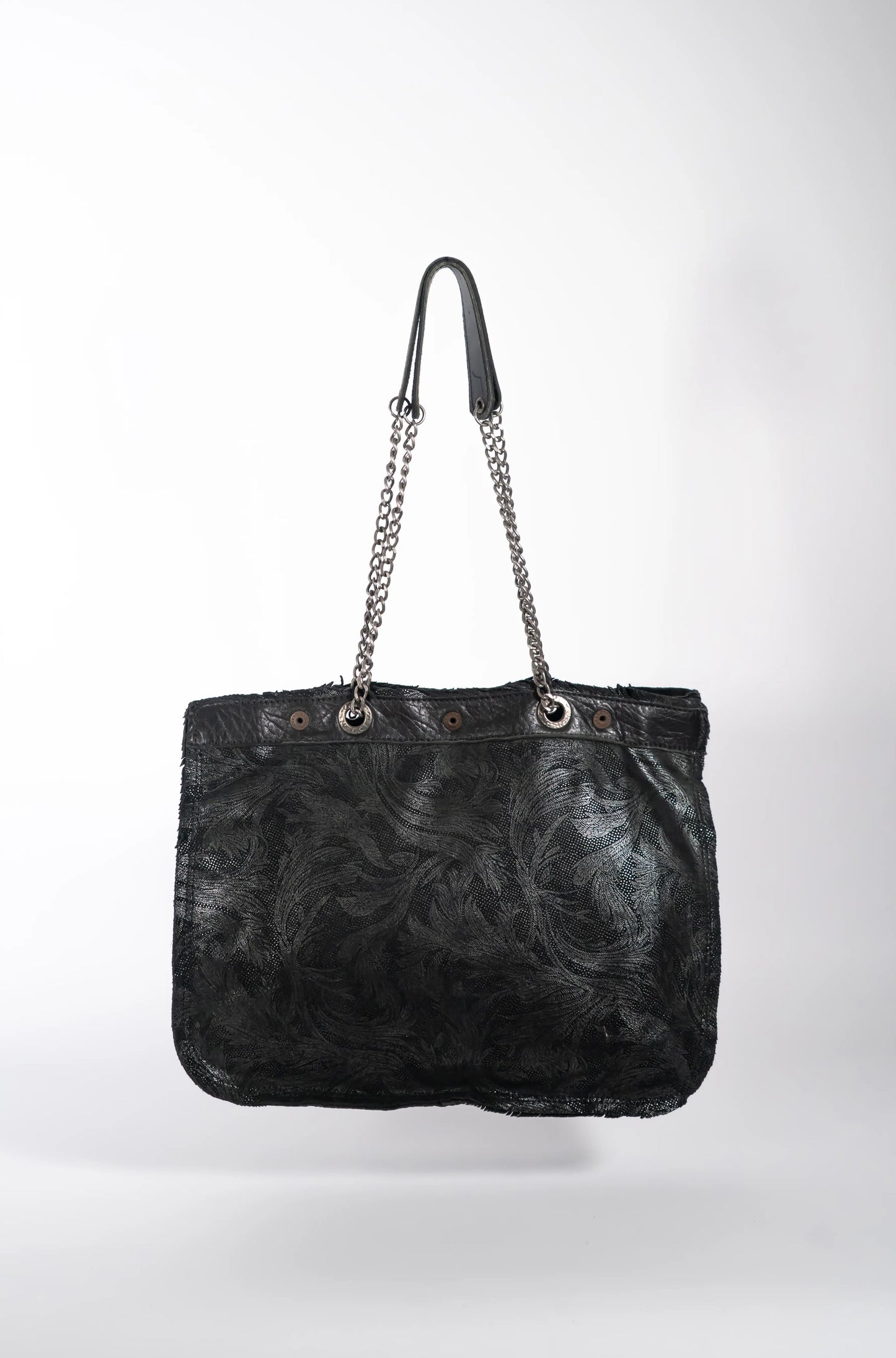 Handmade leather black and gold shopping bag with chain and leather straps