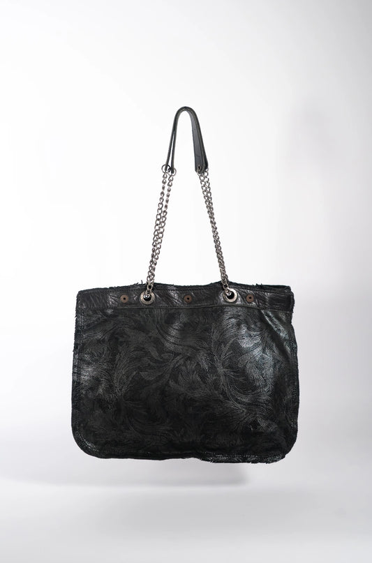 Handmade leather black and gold shopping bag with chain and leather straps