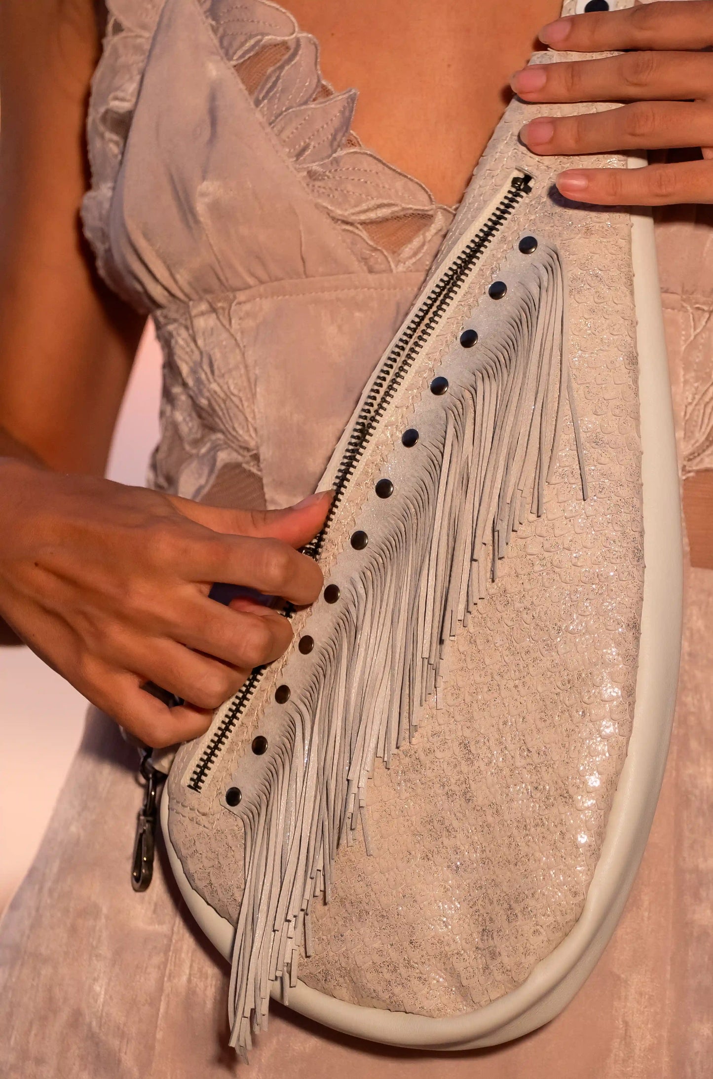 Handmade Pearl leather sling bag with fringes - left or right side options