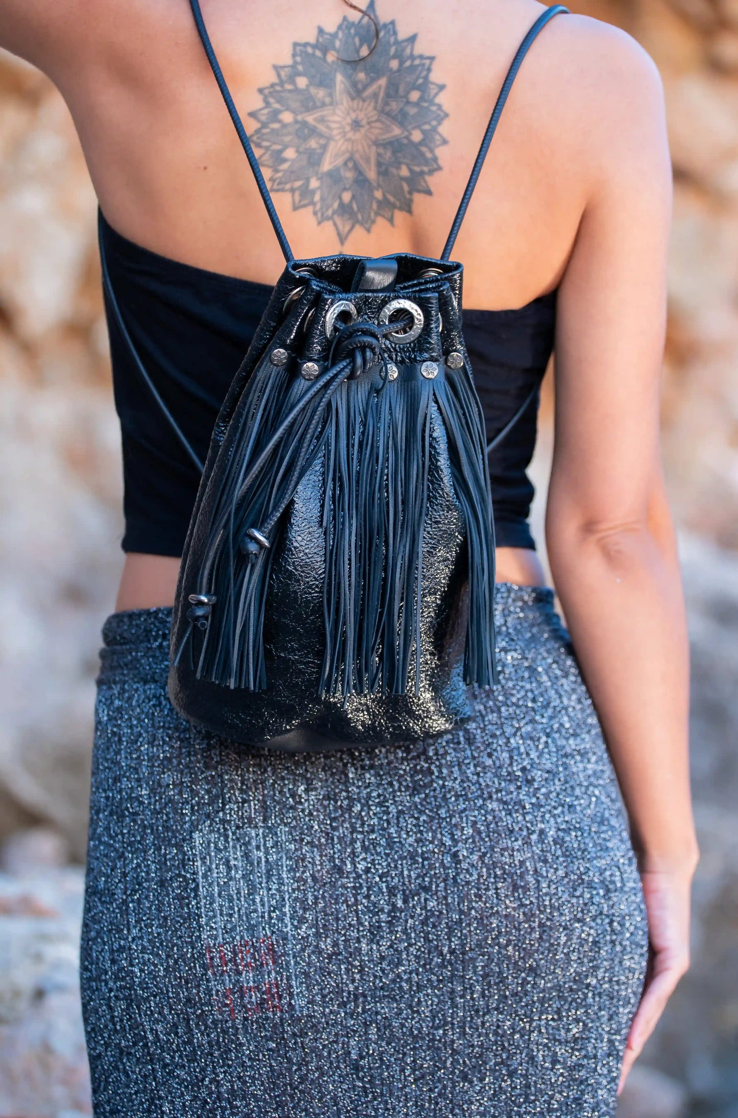 Multifunction Black Bag with Fringes