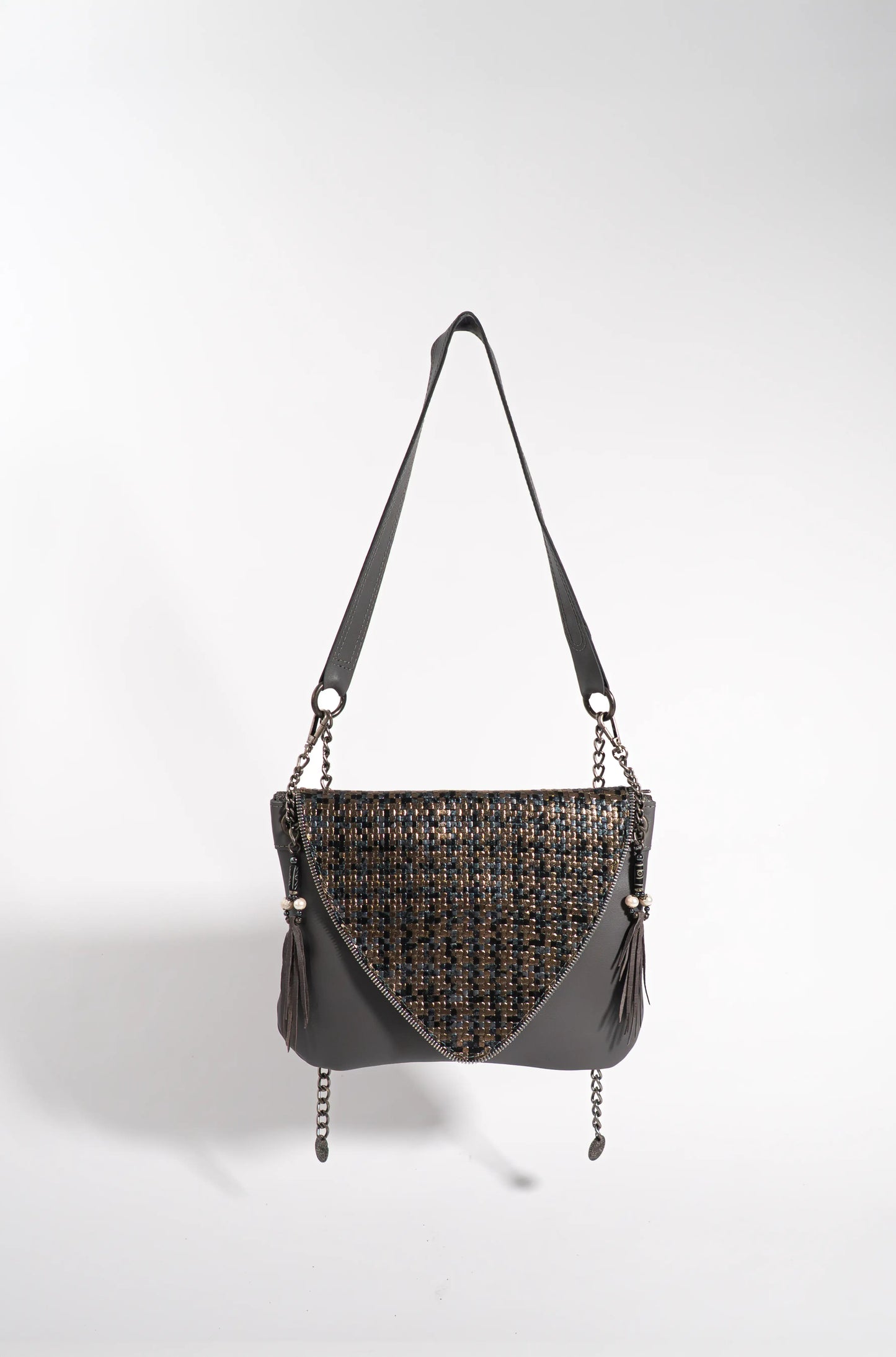 Grey handmade leather V handbag with woven leather crosshatch detail