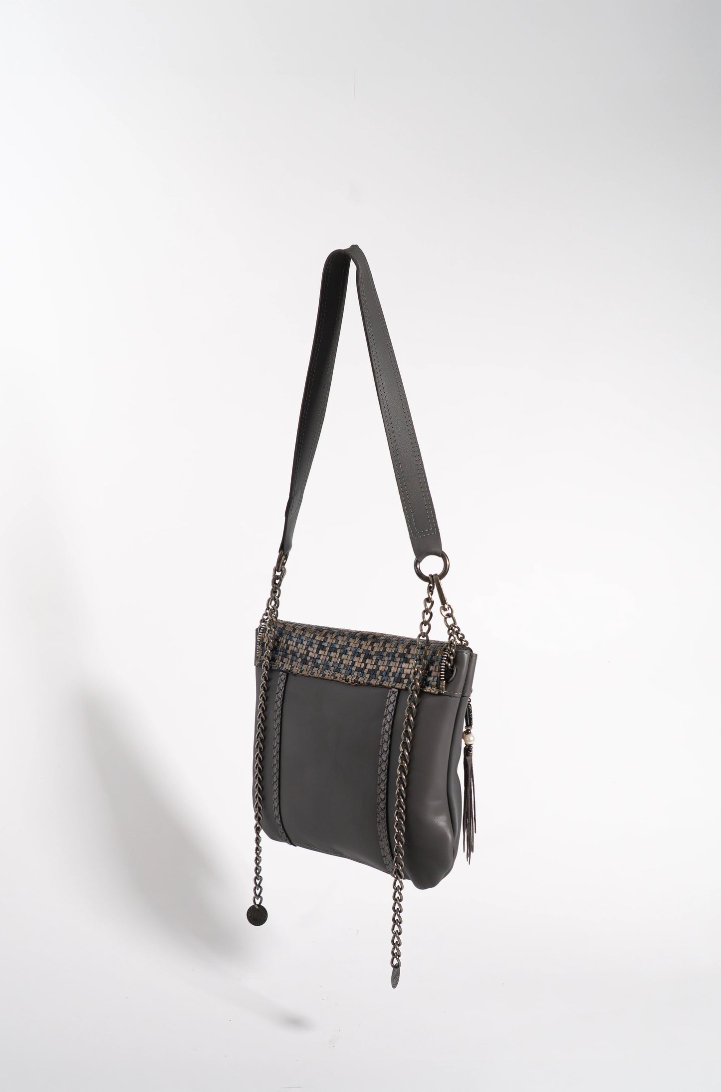 Grey handmade leather V handbag with woven leather crosshatch detail