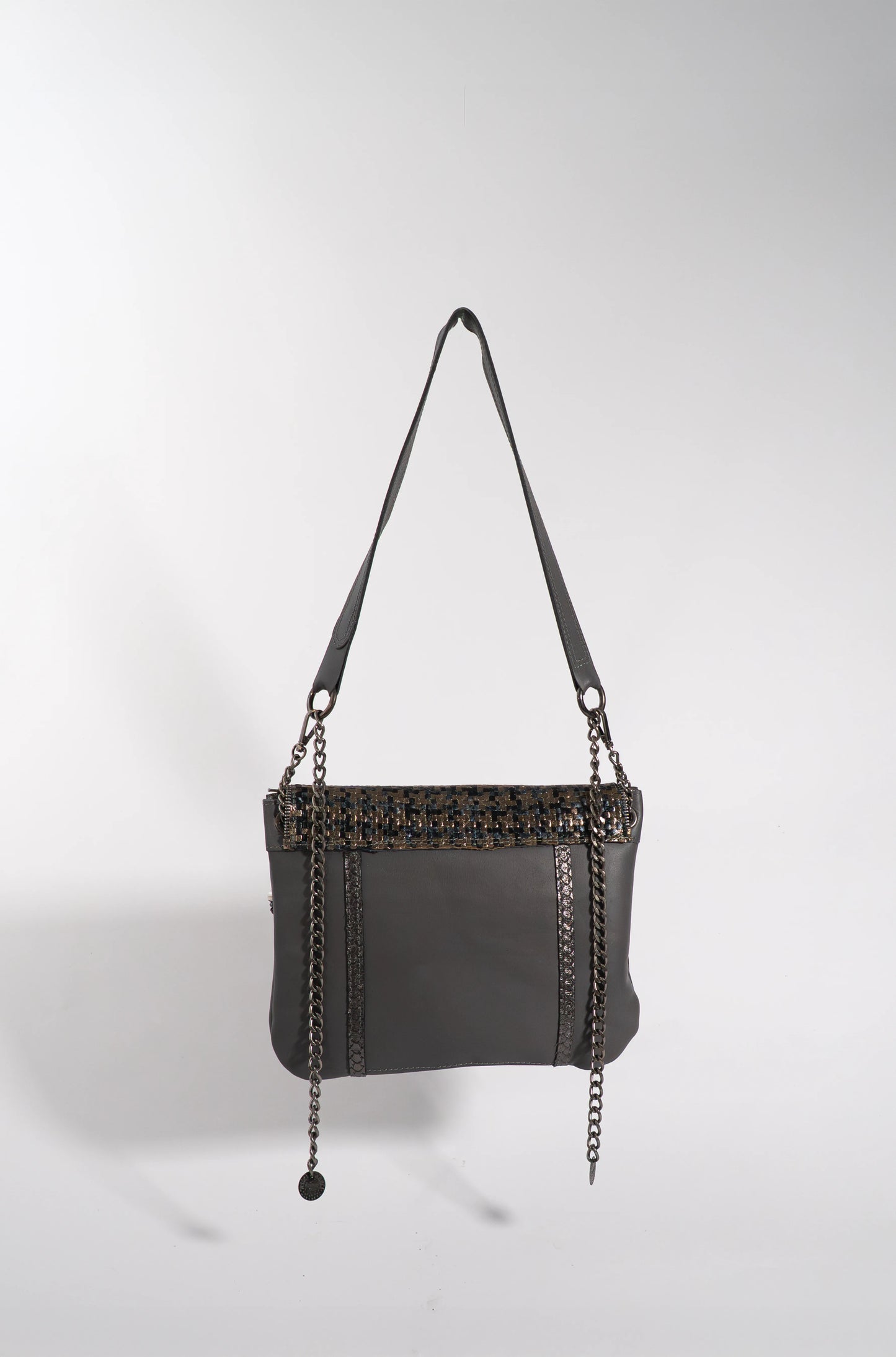 Grey handmade leather V handbag with woven leather crosshatch detail