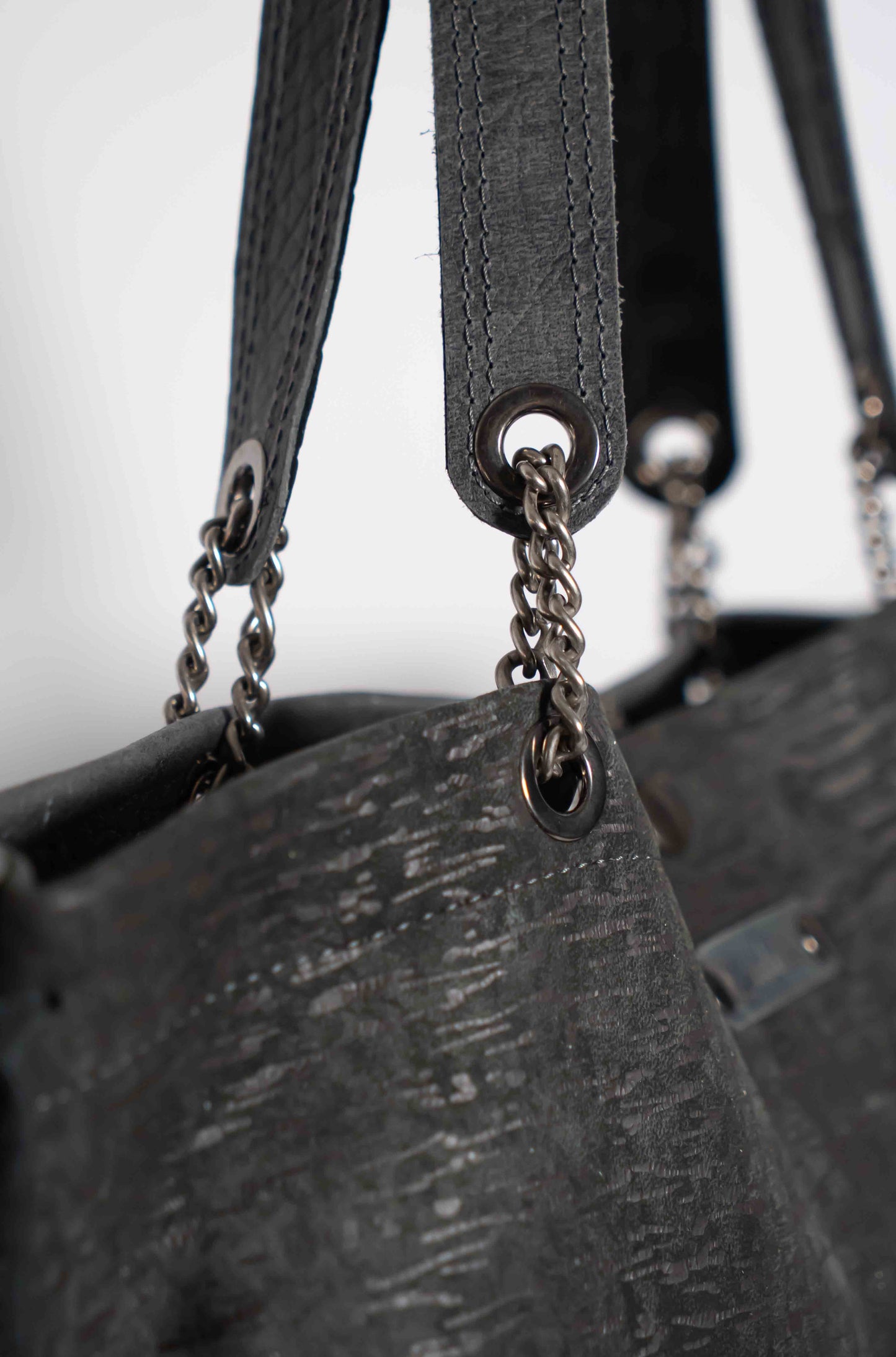 Handmade leather black medallion shopper bag with leather straps