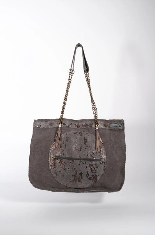 Handmade textured  purple leather shopping bag with chain and leather straps.
