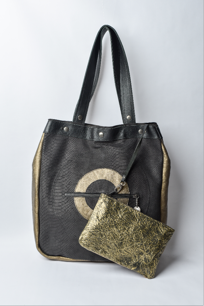 Large black and gold handmade leather tote bag with circle design