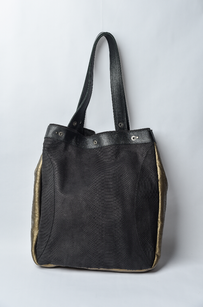 Large black and gold handmade leather tote bag with circle design