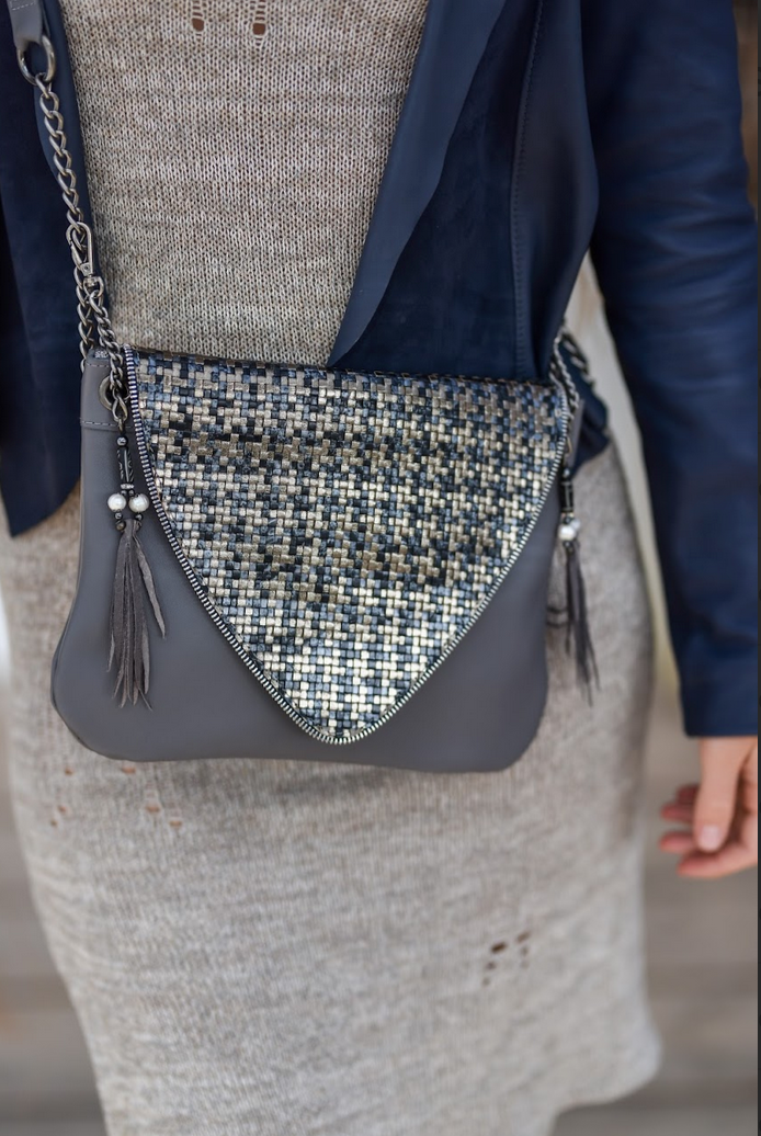 Handmade grey leather crossbody handbag shoulder bag Linda Ibiza Design