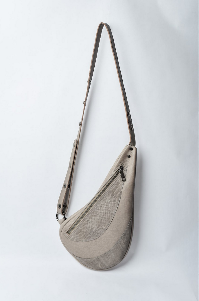 Grey handmade leather sling style bag - left or right side options